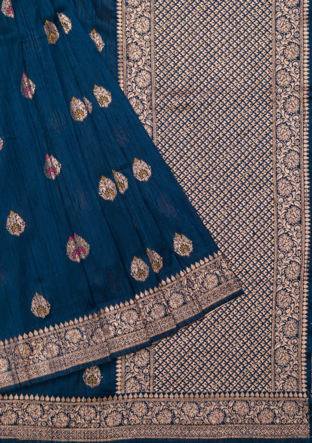 Peacock Blue Zariwork Raw Silk Saree-Koskii