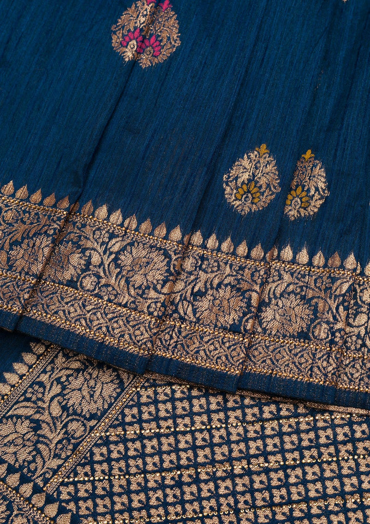 Peacock Blue Zariwork Raw Silk Saree-Koskii