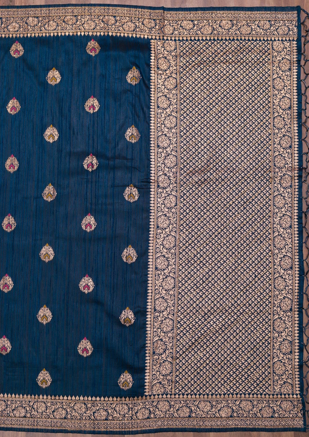 Peacock Blue Zariwork Raw Silk Saree-Koskii