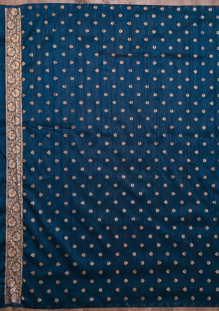 Peacock Blue Zariwork Raw Silk Saree-Koskii