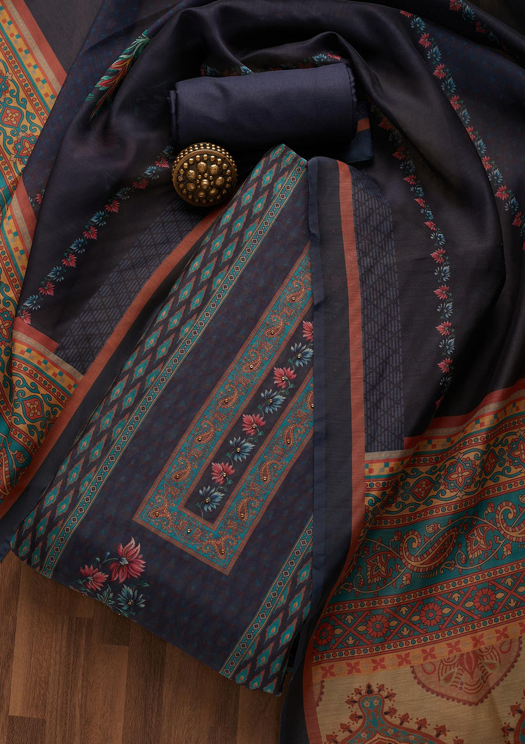 Peacock Blue Zariwork Semi Crepe Semi-Stitched Salwar Suit-Koskii