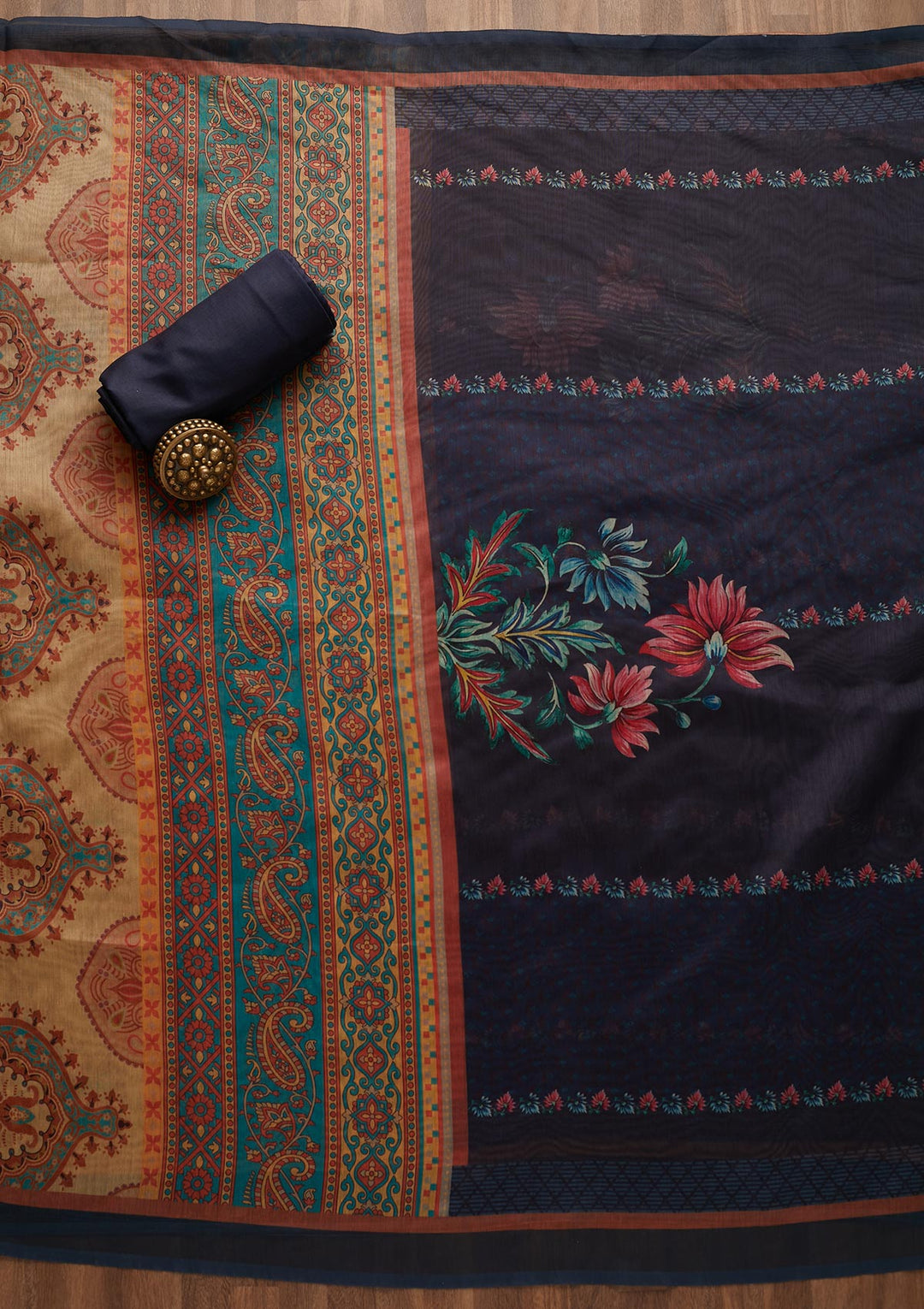 Peacock Blue Zariwork Semi Crepe Semi-Stitched Salwar Suit-Koskii