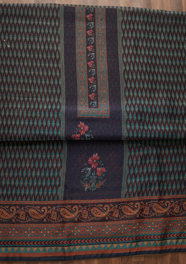 Peacock Blue Zariwork Semi Crepe Semi-Stitched Salwar Suit-Koskii