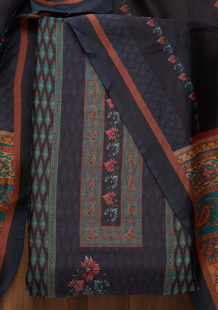 Peacock Blue Zariwork Semi Crepe Semi-Stitched Salwar Suit-Koskii