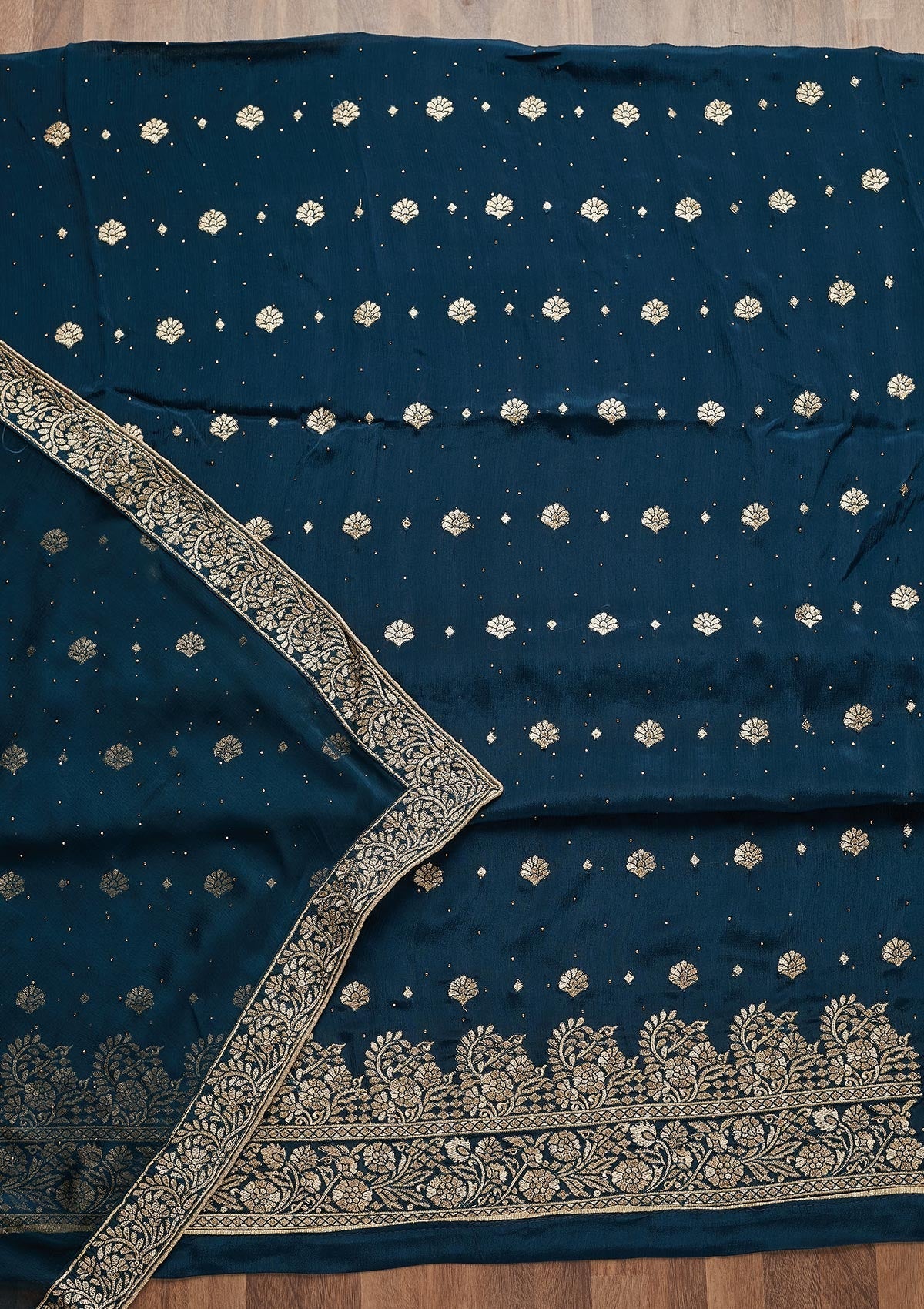 Peacock Blue Zariwork Semi Crepe Unstitched Salwar Suit - Koskii