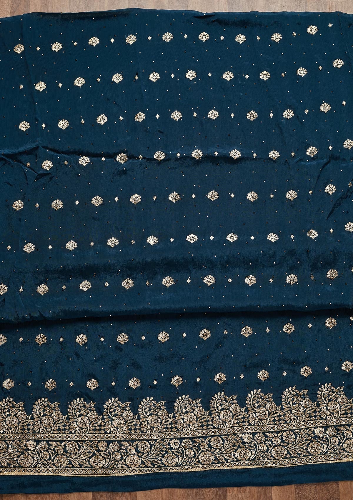 Peacock Blue Zariwork Semi Crepe Unstitched Salwar Suit - Koskii