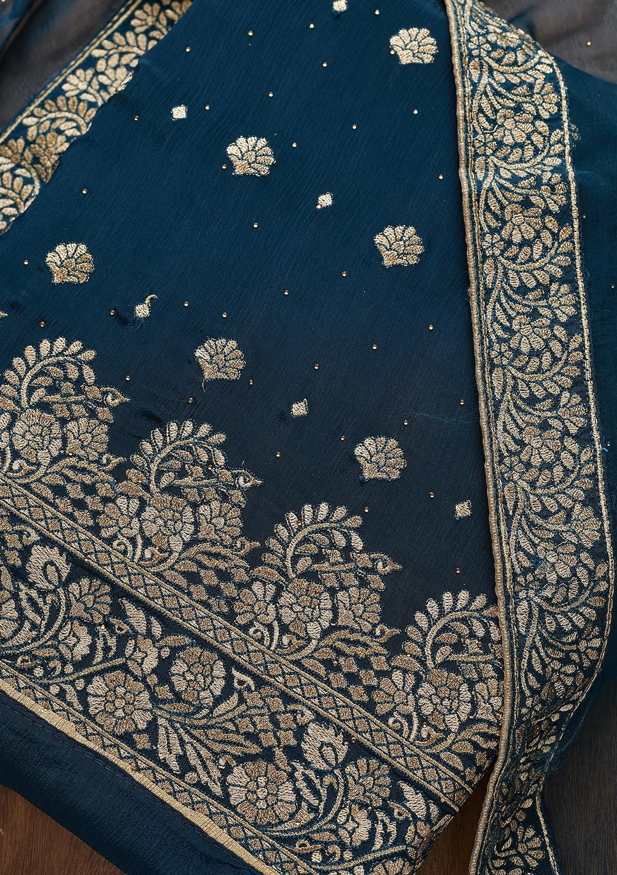 Peacock Blue Zariwork Semi Crepe Unstitched Salwar Suit - Koskii