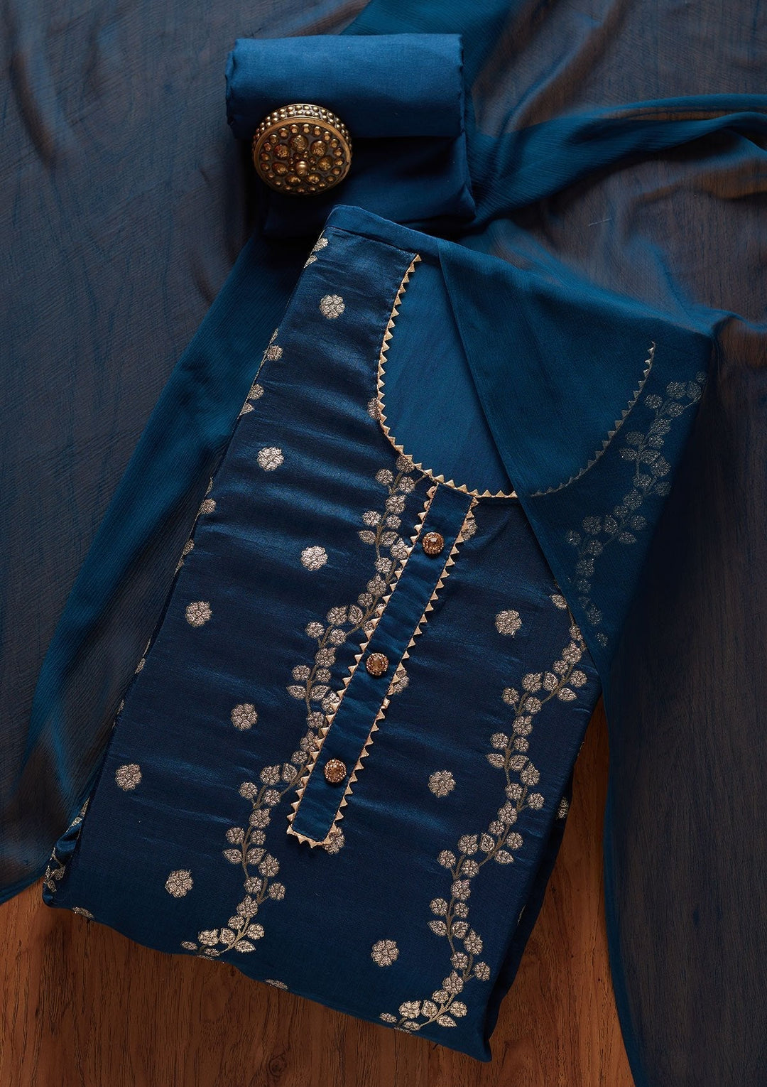 Peacock Blue Zariwork Semi Crepe Designer Unstitched Salwar Suit - koskii