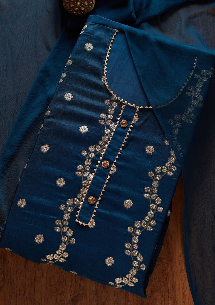 Peacock Blue Zariwork Semi Crepe Designer Unstitched Salwar Suit - koskii