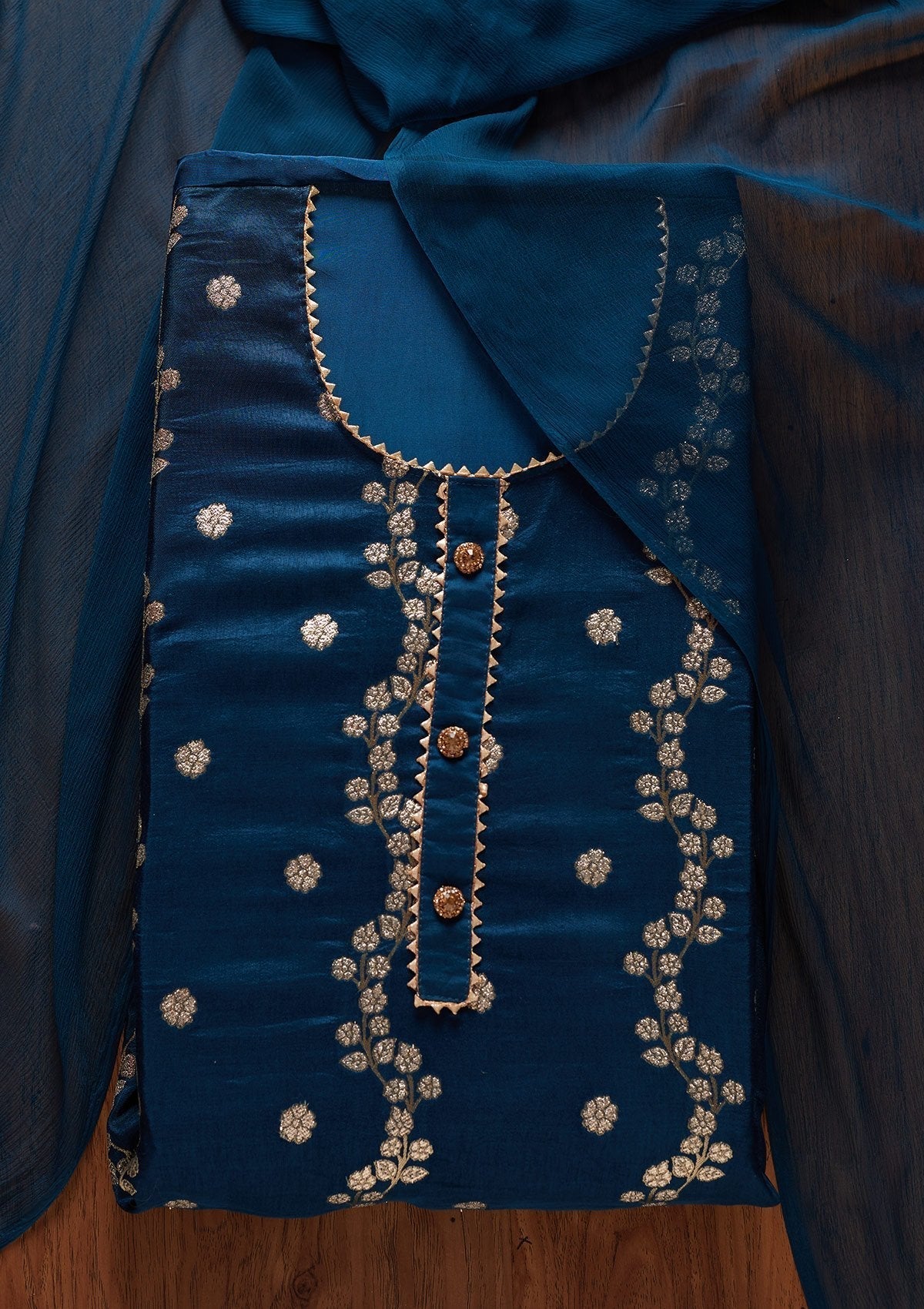 Peacock Blue Zariwork Semi Crepe Designer Unstitched Salwar Suit - koskii