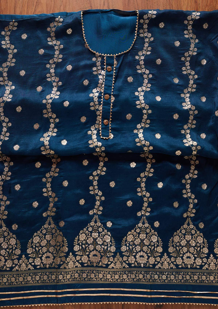 Peacock Blue Zariwork Semi Crepe Designer Unstitched Salwar Suit - koskii