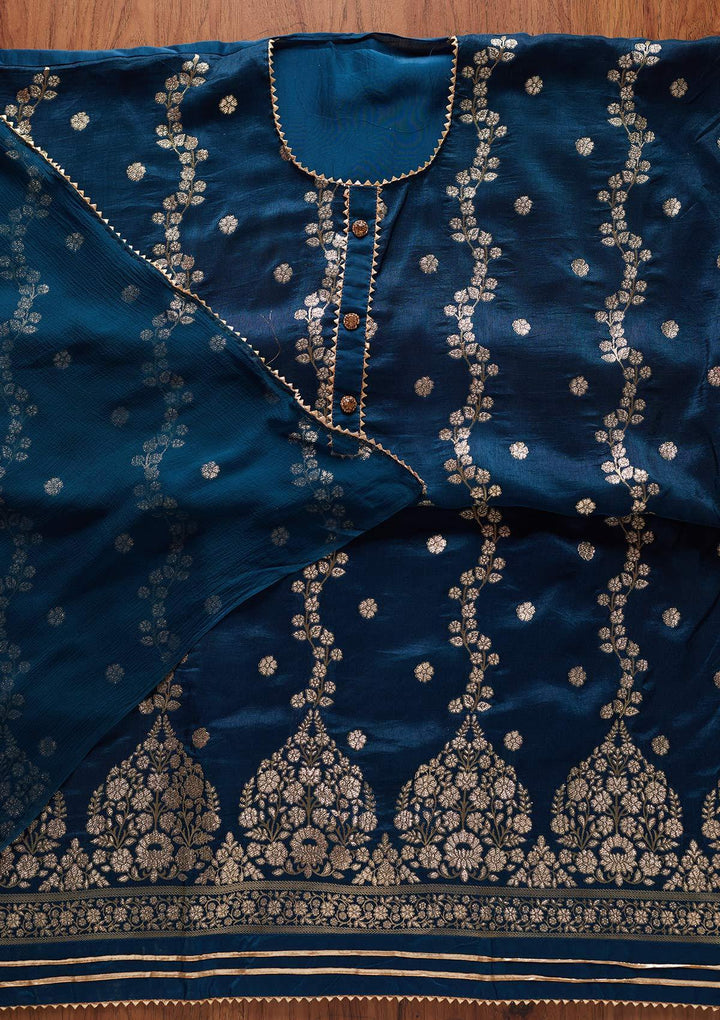 Peacock Blue Zariwork Semi Crepe Designer Unstitched Salwar Suit - koskii