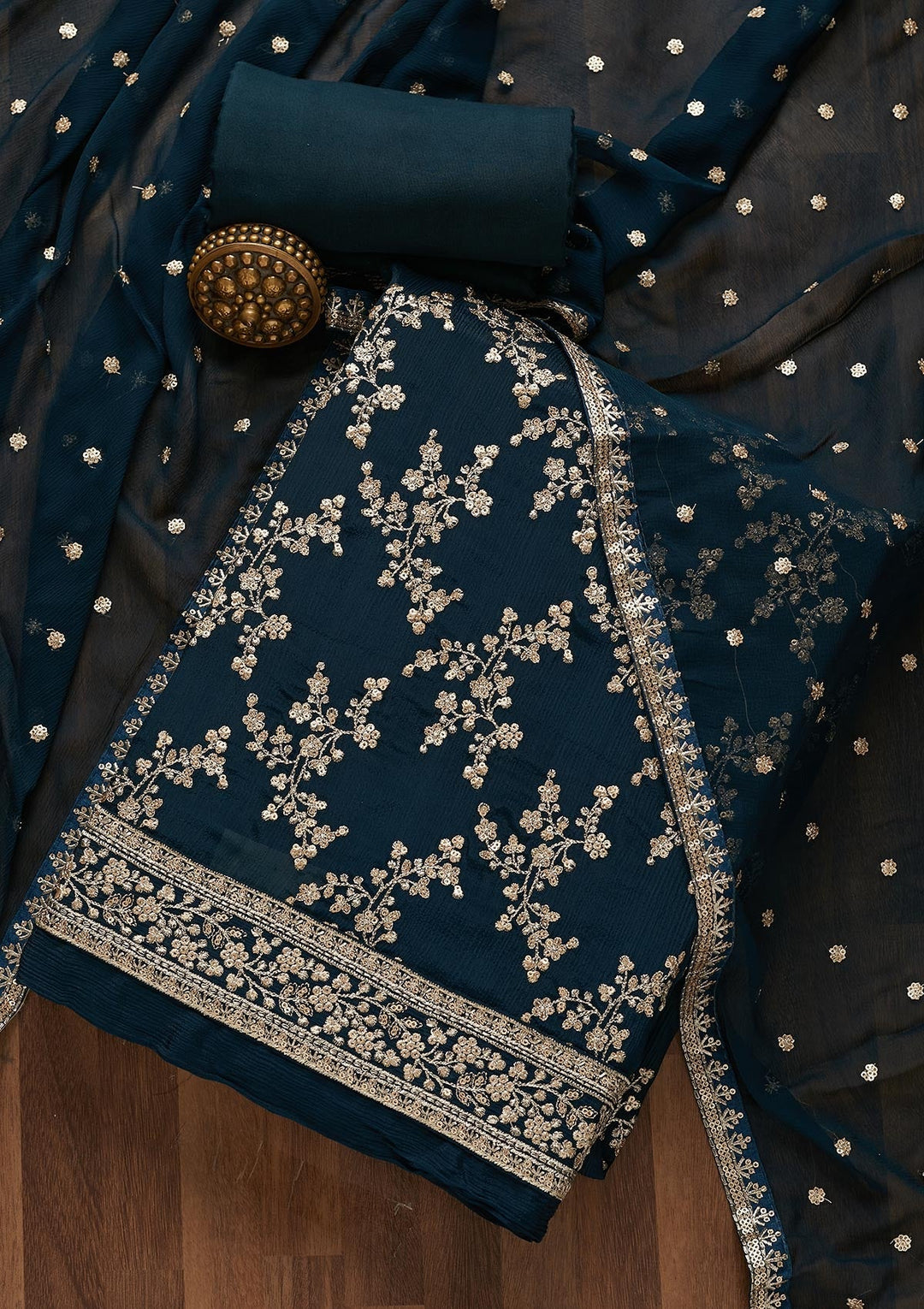 Peacock Blue Zariwork Semi Crepe Unstitched Salwar Suit-Koskii