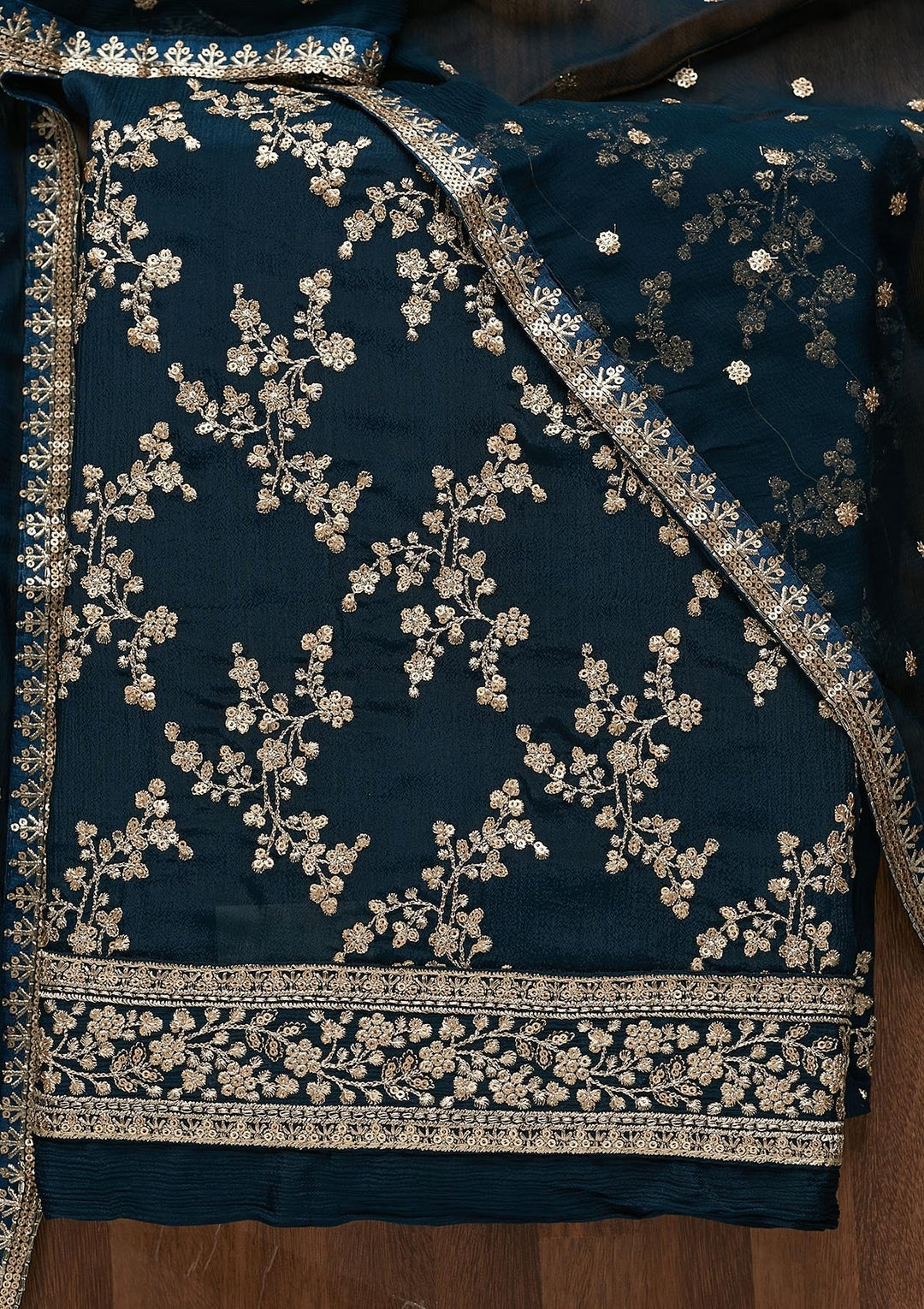 Peacock Blue Zariwork Semi Crepe Unstitched Salwar Suit-Koskii