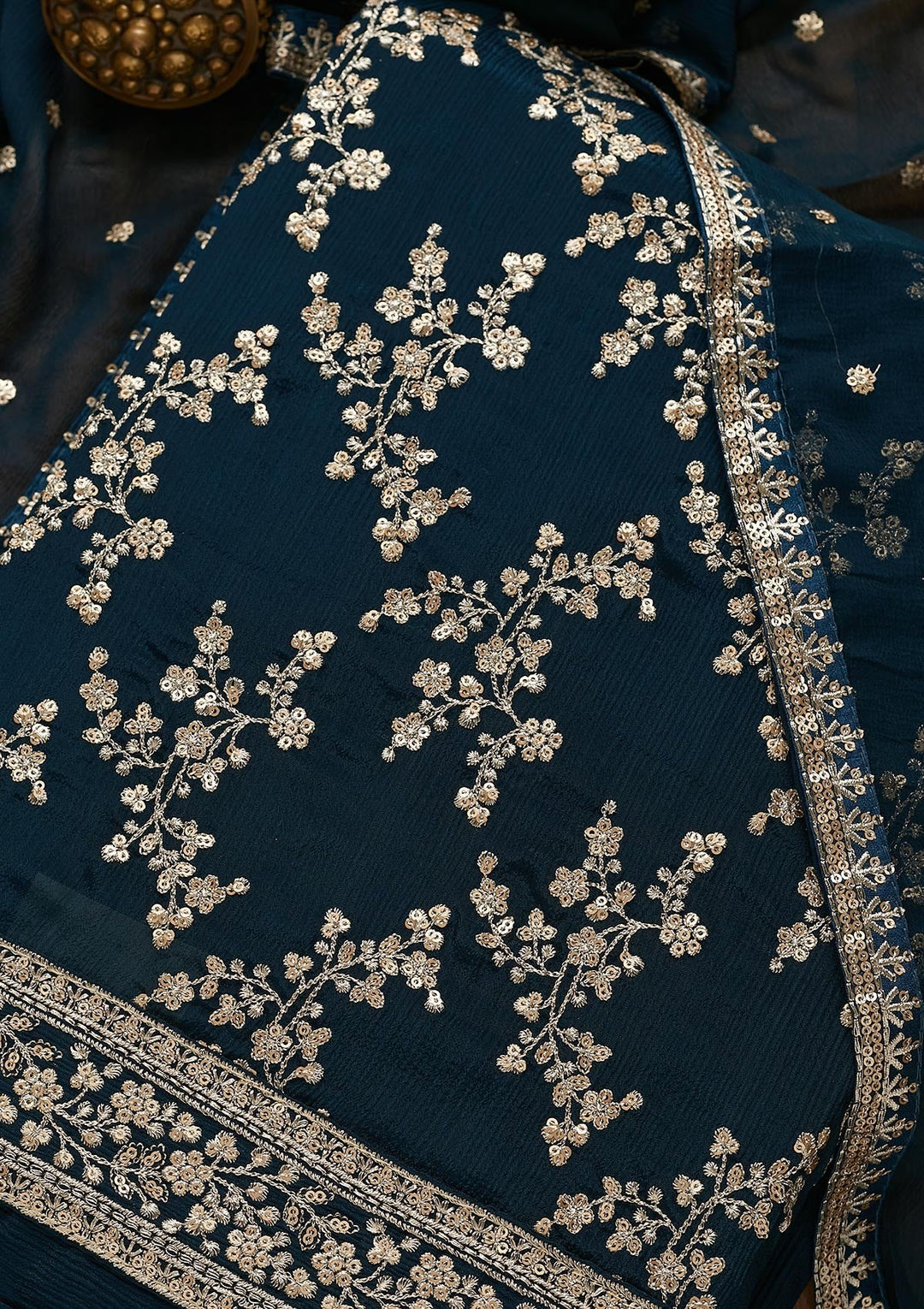 Peacock Blue Zariwork Semi Crepe Unstitched Salwar Suit-Koskii