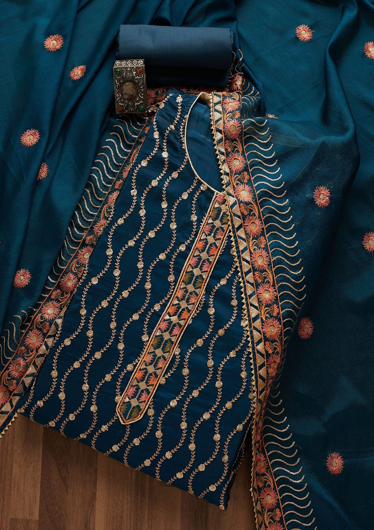 Peacock Blue Zariwork Semi Crepe Unstitched Salwar Suit-Koskii