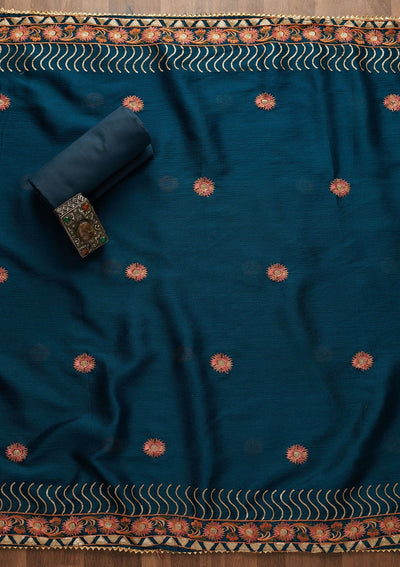 Peacock Blue Zariwork Semi Crepe Unstitched Salwar Suit-Koskii
