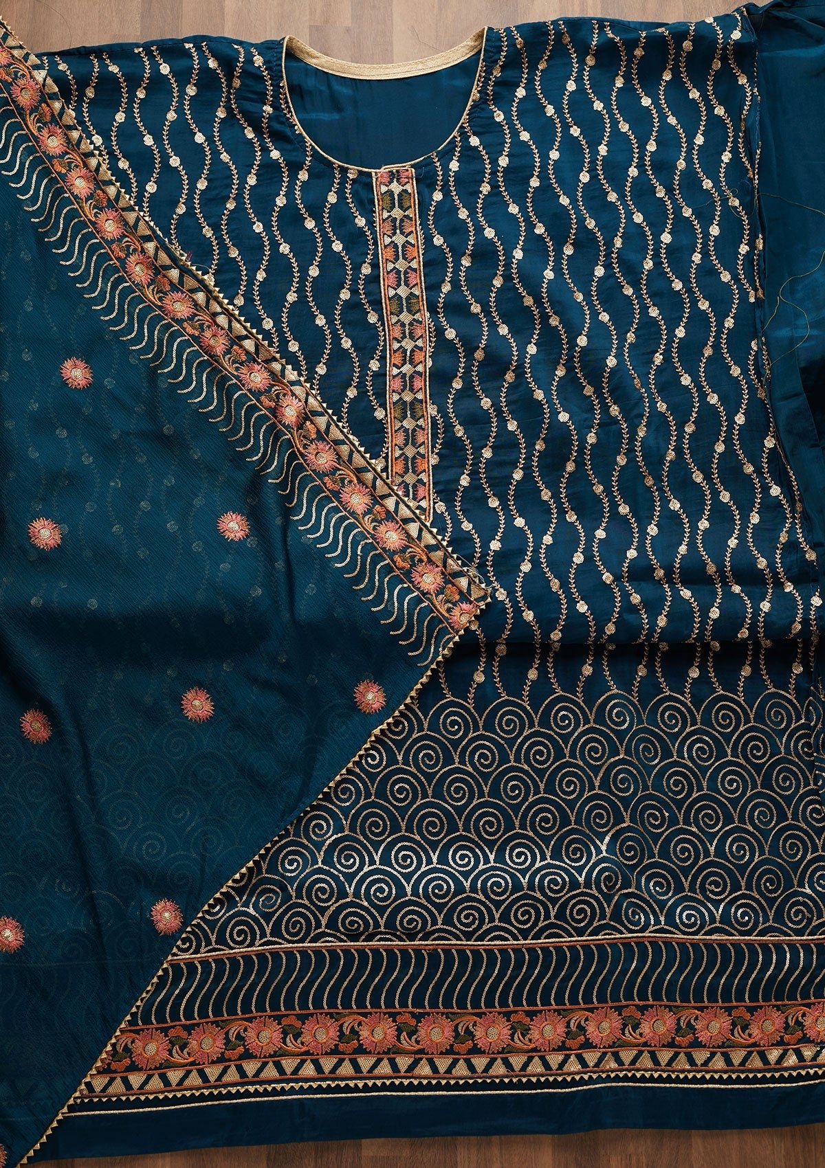 Peacock Blue Zariwork Semi Crepe Unstitched Salwar Suit-Koskii
