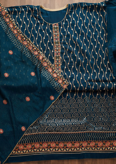 Peacock Blue Zariwork Semi Crepe Unstitched Salwar Suit-Koskii