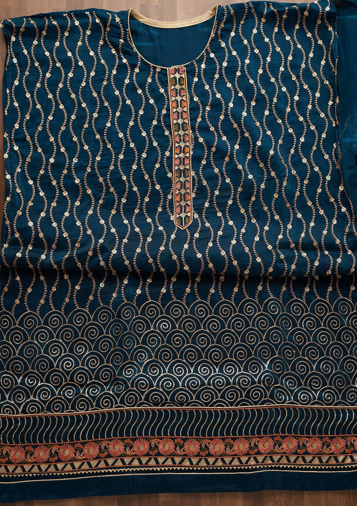 Peacock Blue Zariwork Semi Crepe Unstitched Salwar Suit-Koskii