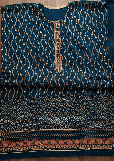 Peacock Blue Zariwork Semi Crepe Unstitched Salwar Suit-Koskii