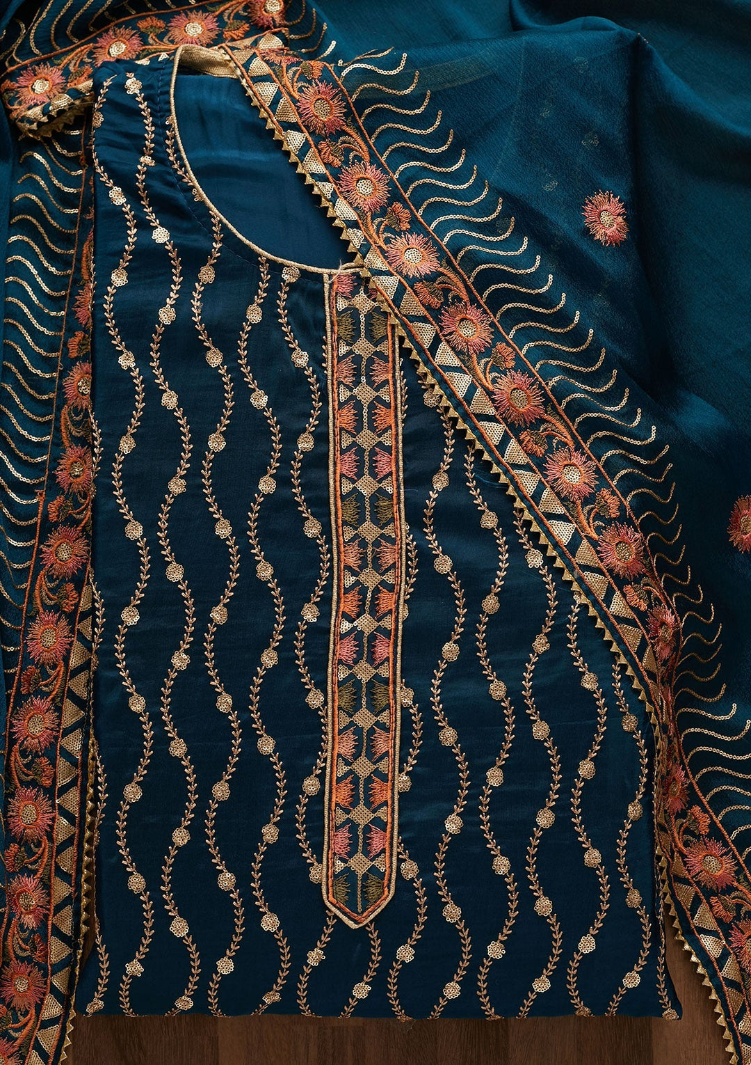 Peacock Blue Zariwork Semi Crepe Unstitched Salwar Suit-Koskii