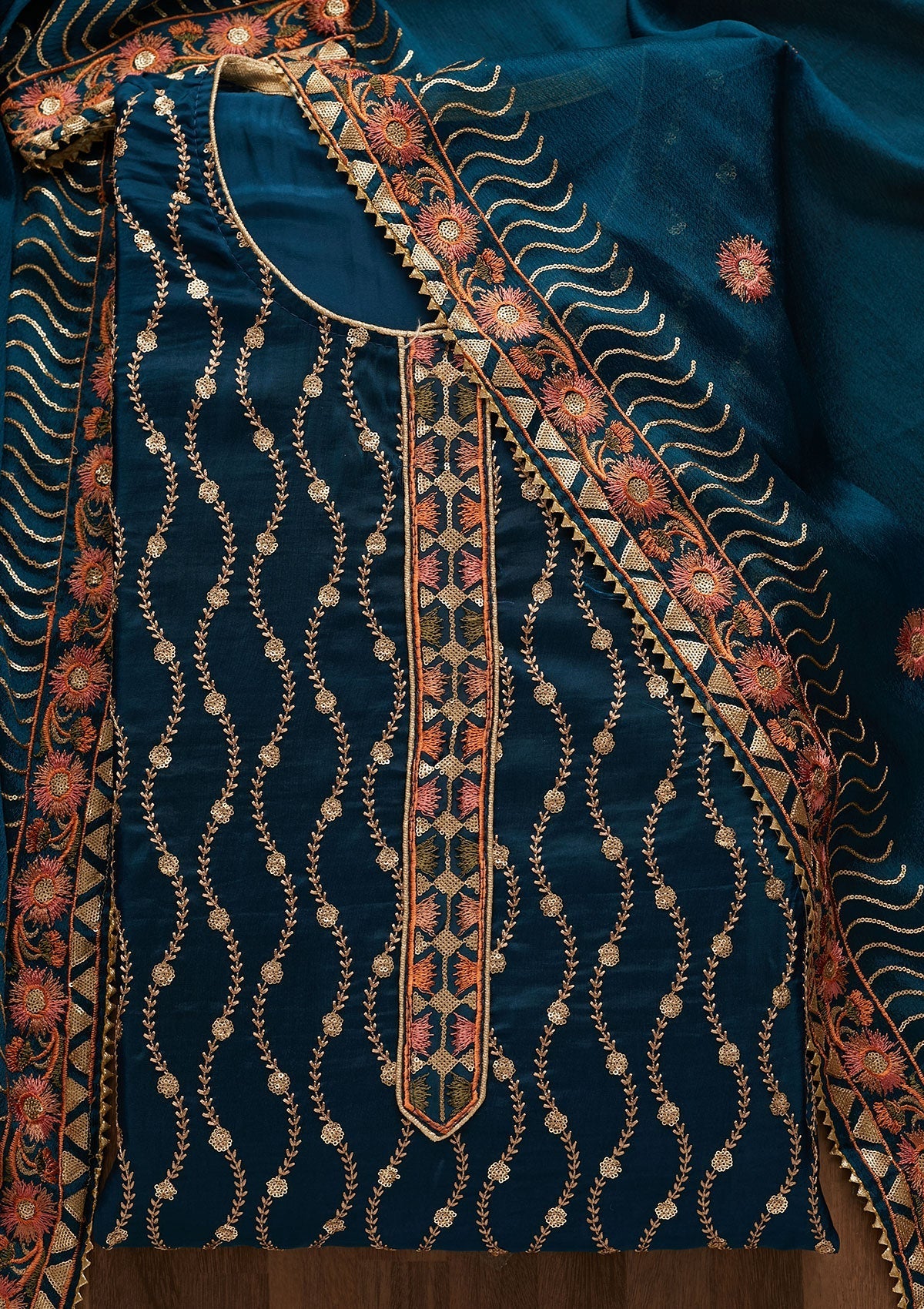 Peacock Blue Zariwork Semi Crepe Unstitched Salwar Suit-Koskii