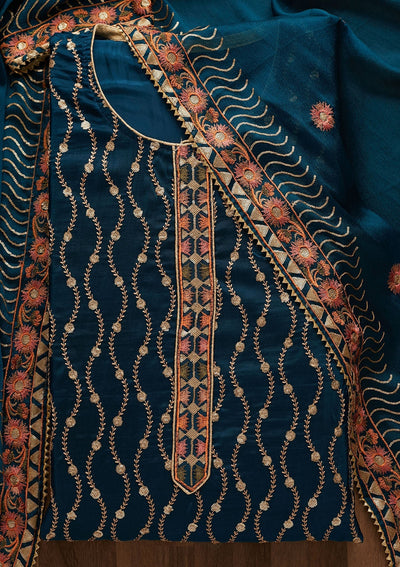 Peacock Blue Zariwork Semi Crepe Unstitched Salwar Suit-Koskii