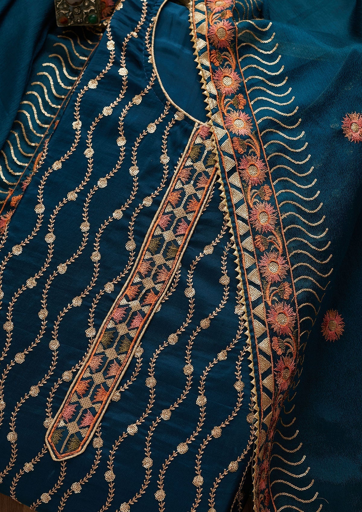 Peacock Blue Zariwork Semi Crepe Unstitched Salwar Suit-Koskii