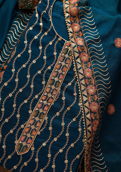 Peacock Blue Zariwork Semi Crepe Unstitched Salwar Suit-Koskii