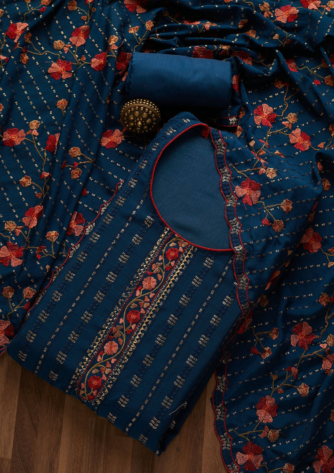 Peacock Blue Zariwork Semi Crepe Unstitched Salwar Suit-Koskii