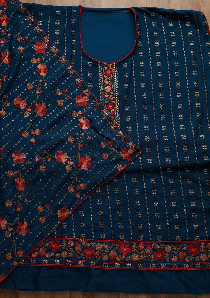 Peacock Blue Zariwork Semi Crepe Unstitched Salwar Suit-Koskii