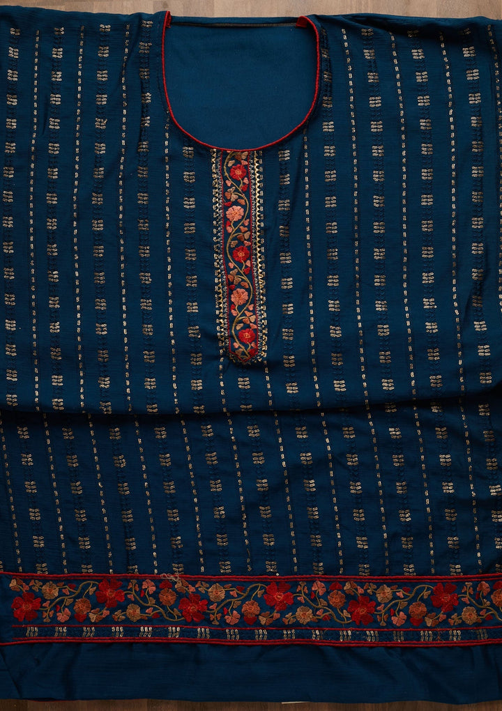 Peacock Blue Zariwork Semi Crepe Unstitched Salwar Suit-Koskii