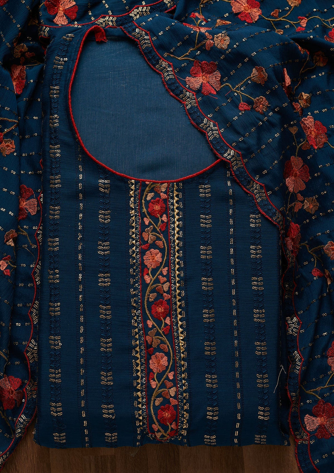 Peacock Blue Zariwork Semi Crepe Unstitched Salwar Suit-Koskii