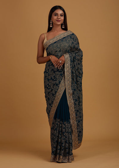 Peacock Blue Zariwork Shimmer Designer Saree - Koskii