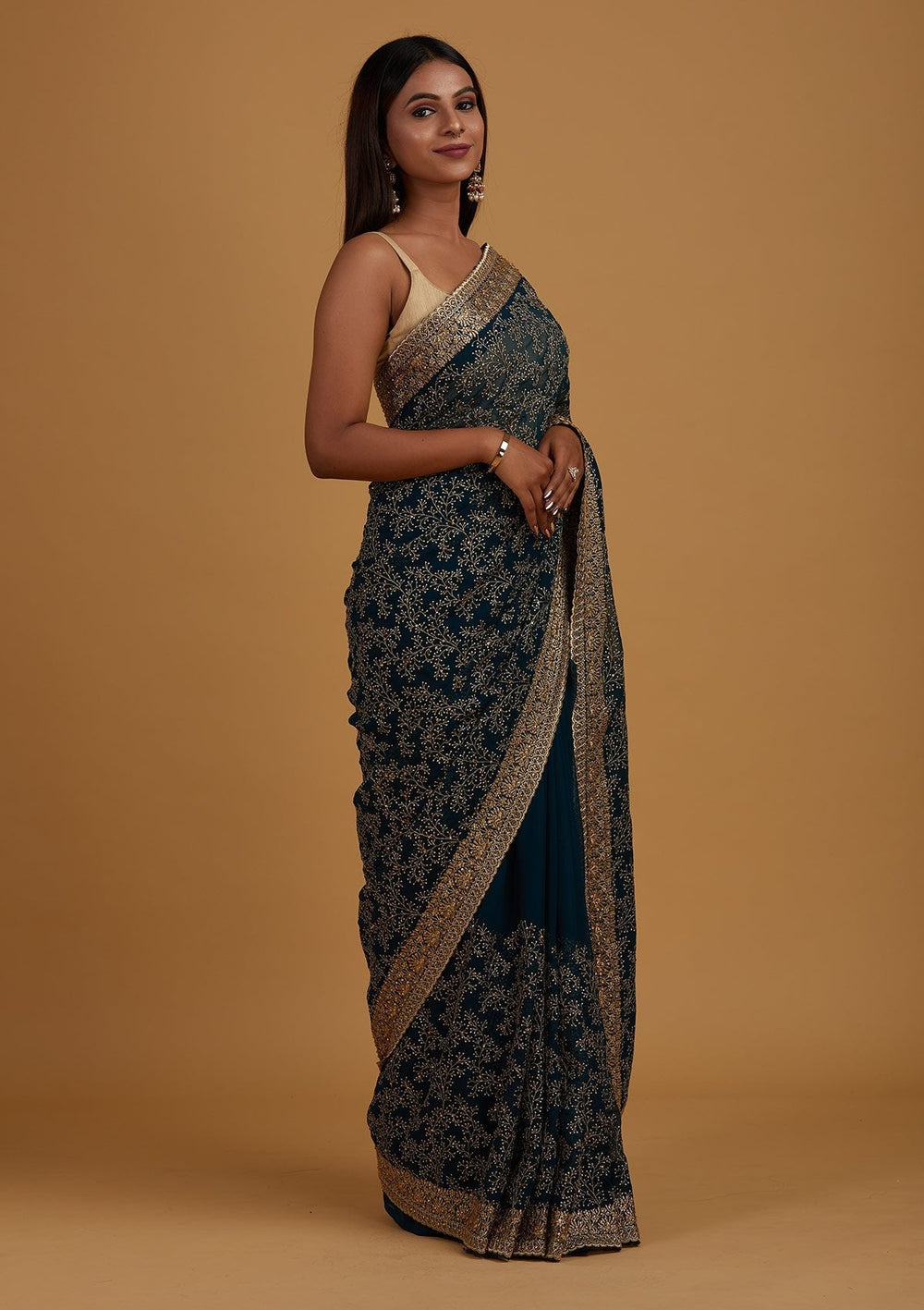 Peacock Blue Zariwork Shimmer Designer Saree - Koskii