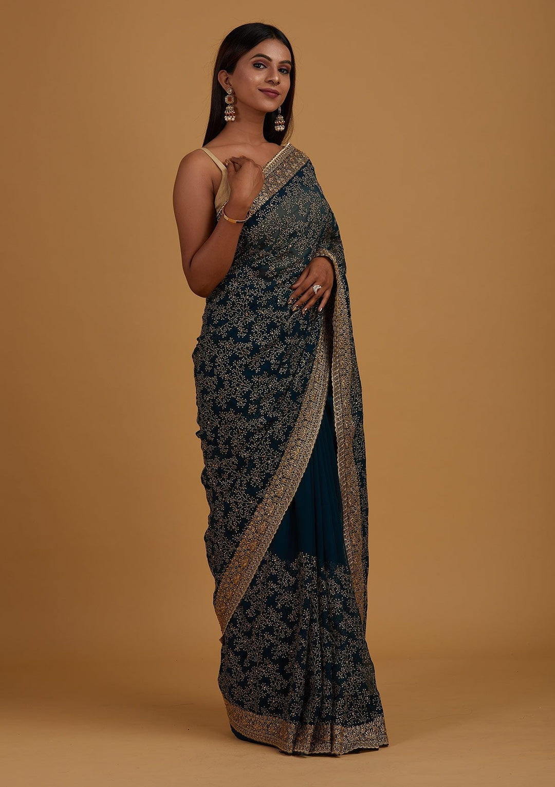 Peacock Blue Zariwork Shimmer Designer Saree - Koskii