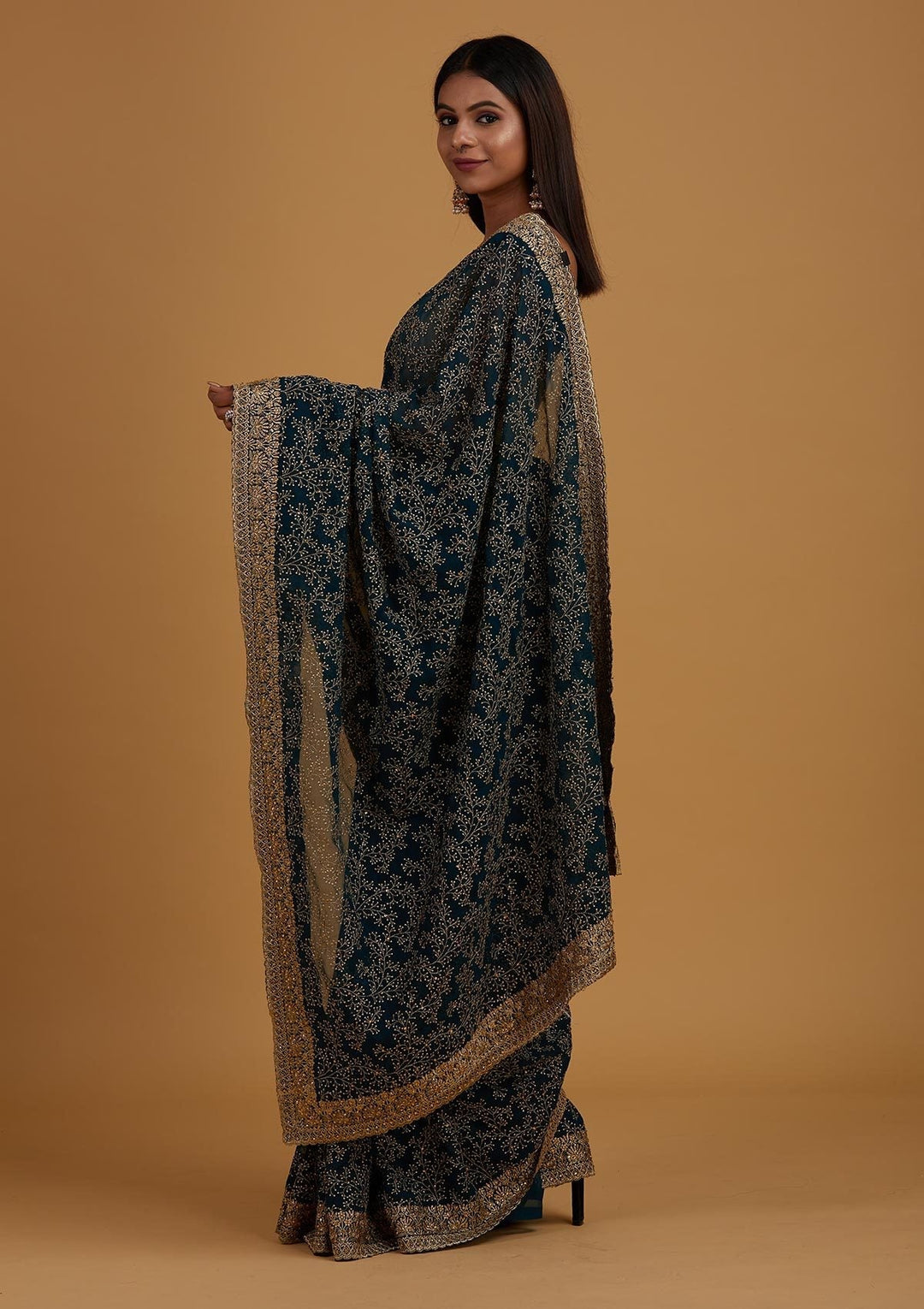 Peacock Blue Zariwork Shimmer Designer Saree - Koskii