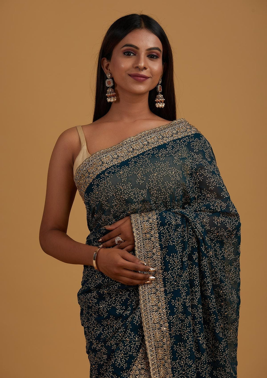 Peacock Blue Zariwork Shimmer Designer Saree - Koskii