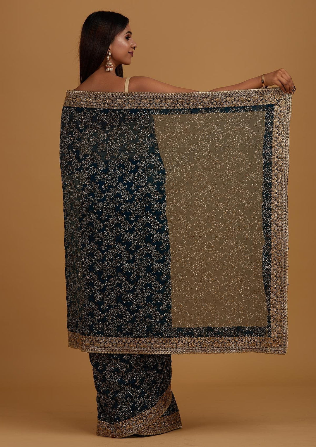 Peacock Blue Zariwork Shimmer Designer Saree - Koskii