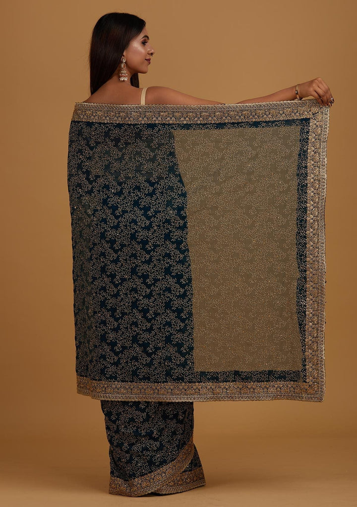 Peacock Blue Zariwork Shimmer Designer Saree - Koskii