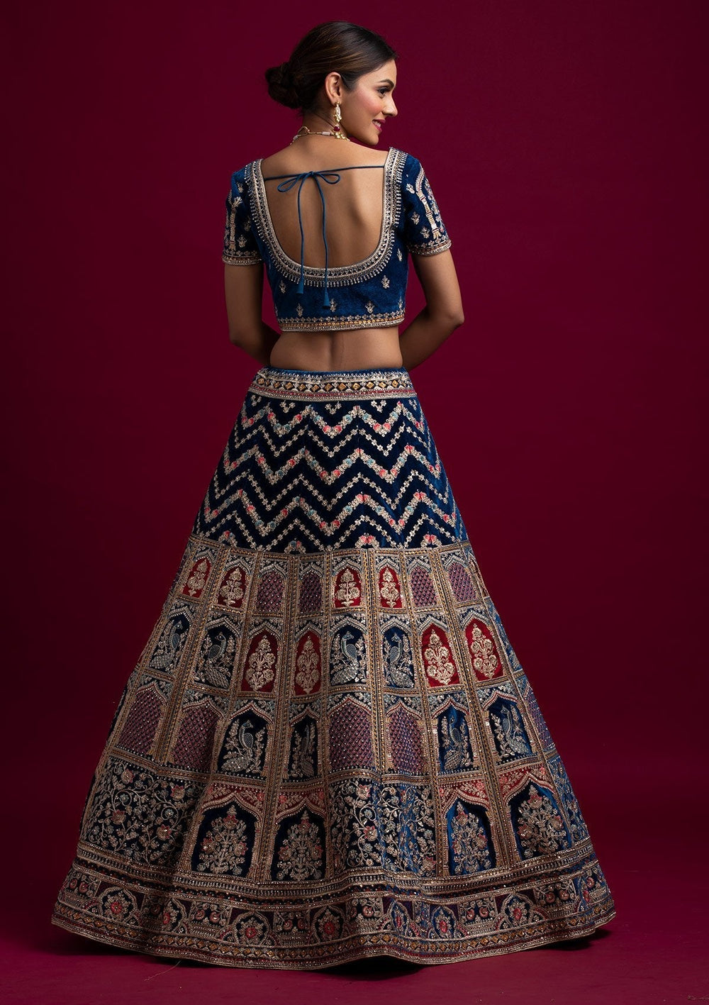 Peacock Blue Zariwork Velvet Designer Semi-Stitched Lehenga - koskii