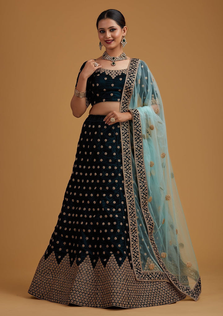 Peacock Blue Zariwork Velvet Designer Semi-Stitched Lehenga - koskii