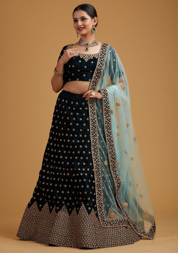 Peacock Blue Zariwork Velvet Designer Semi-Stitched Lehenga - koskii