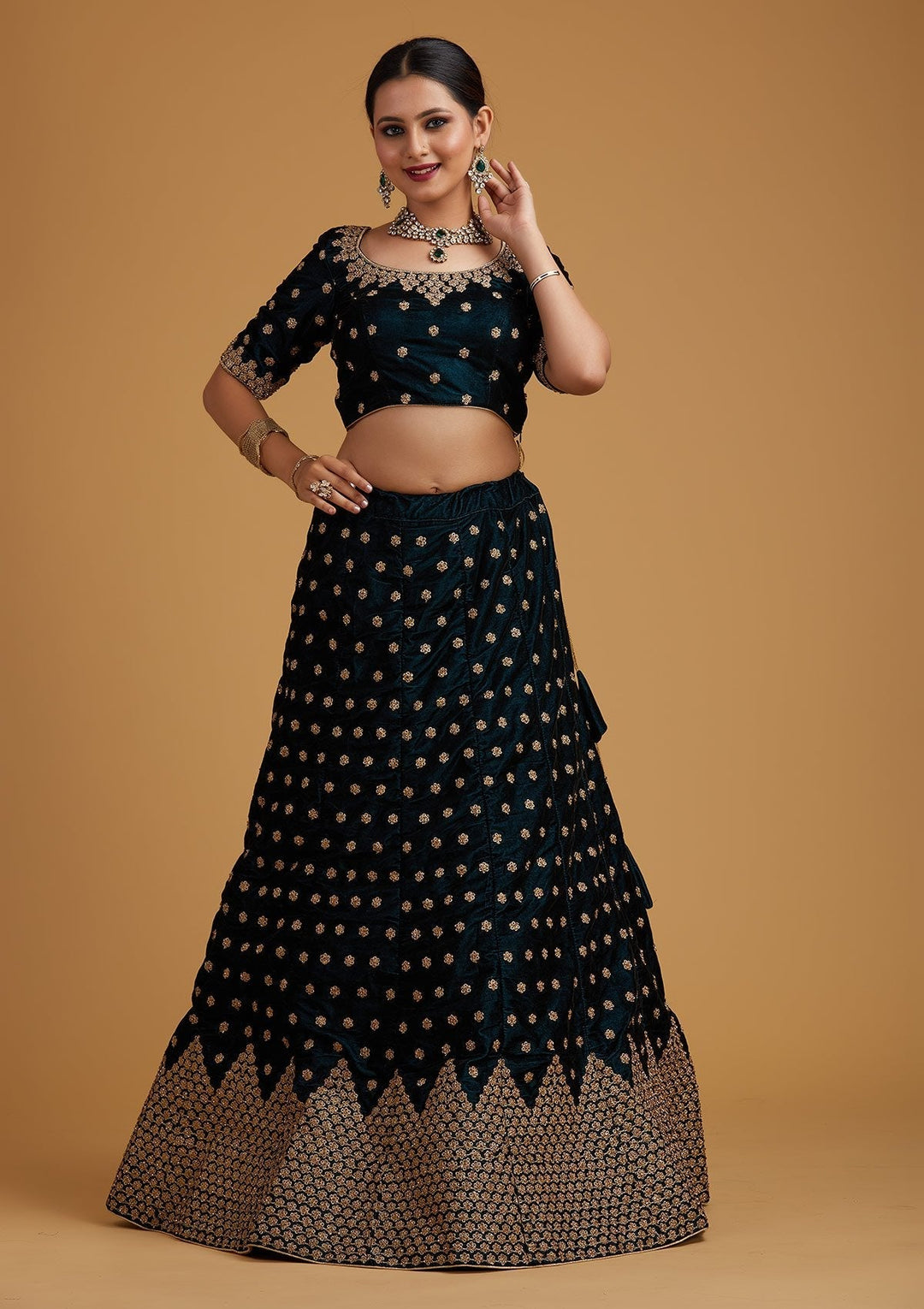 Peacock Blue Zariwork Velvet Designer Semi-Stitched Lehenga - koskii