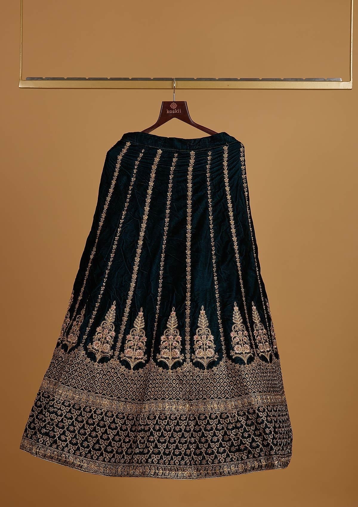 Peacock Blue Zariwork Velvet Designer Semi-Stitched Lehenga - koskii