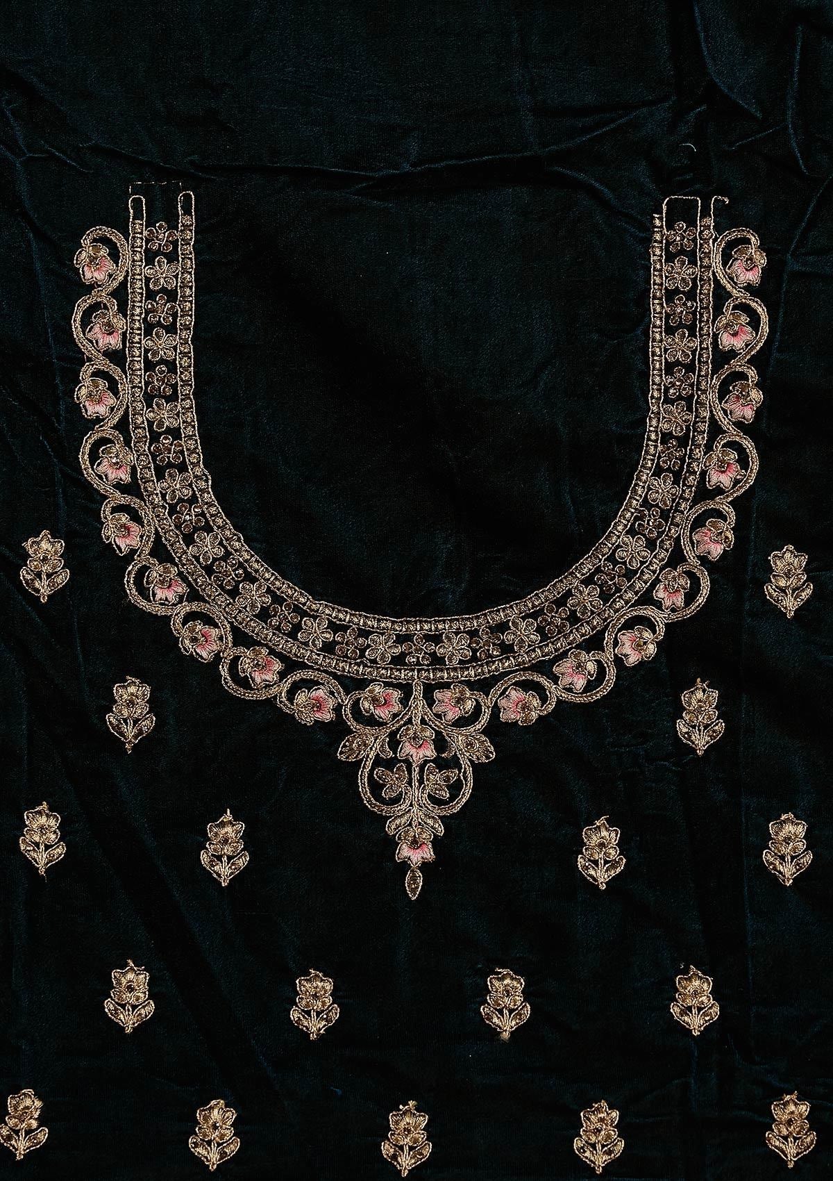Peacock Blue Zariwork Velvet Designer Semi-Stitched Lehenga - koskii
