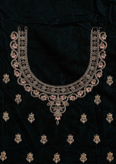 Peacock Blue Zariwork Velvet Designer Semi-Stitched Lehenga - koskii