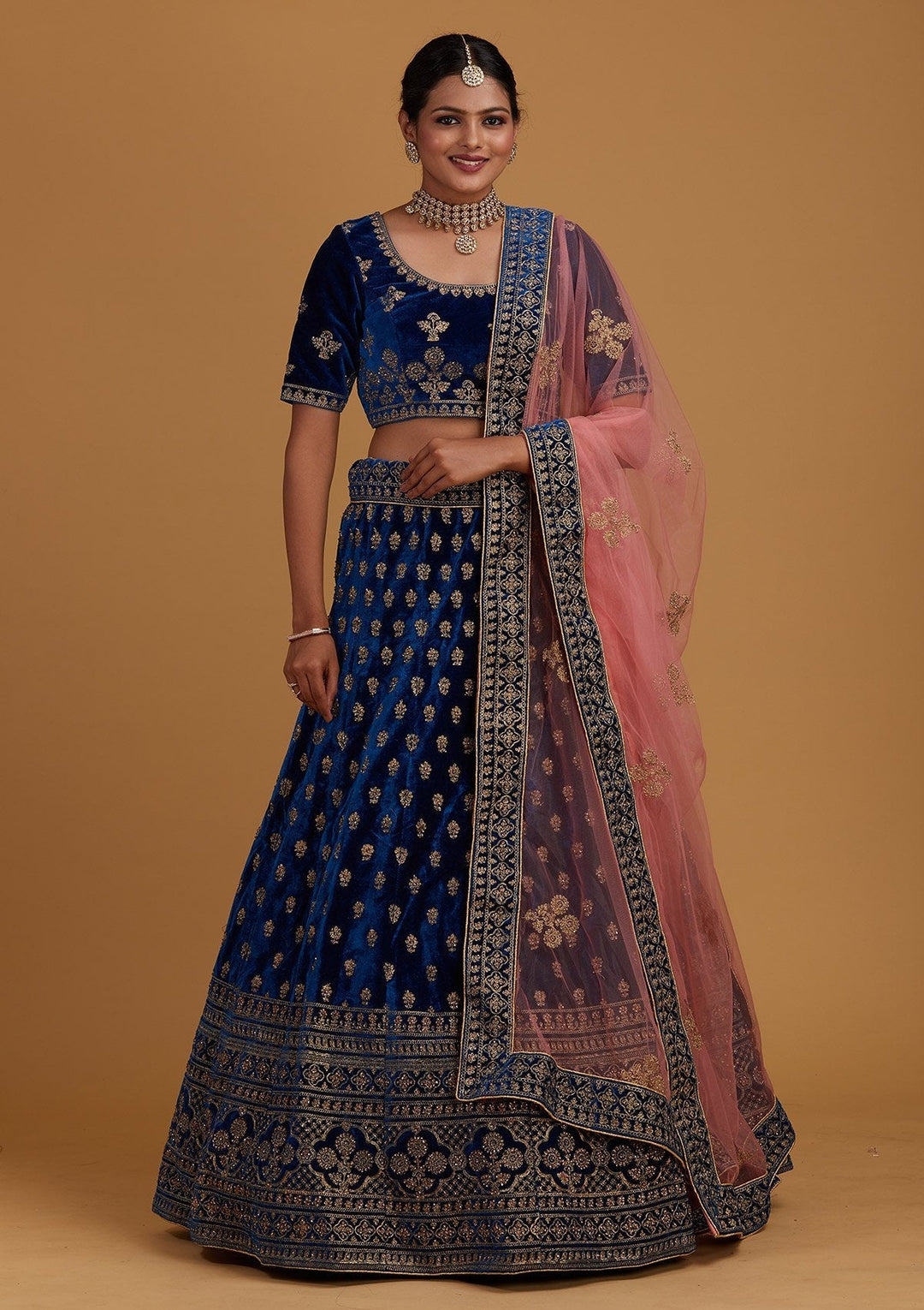Peacock Blue Zariwork Velvet Designer Semi-Stitched Lehenga - Koskii