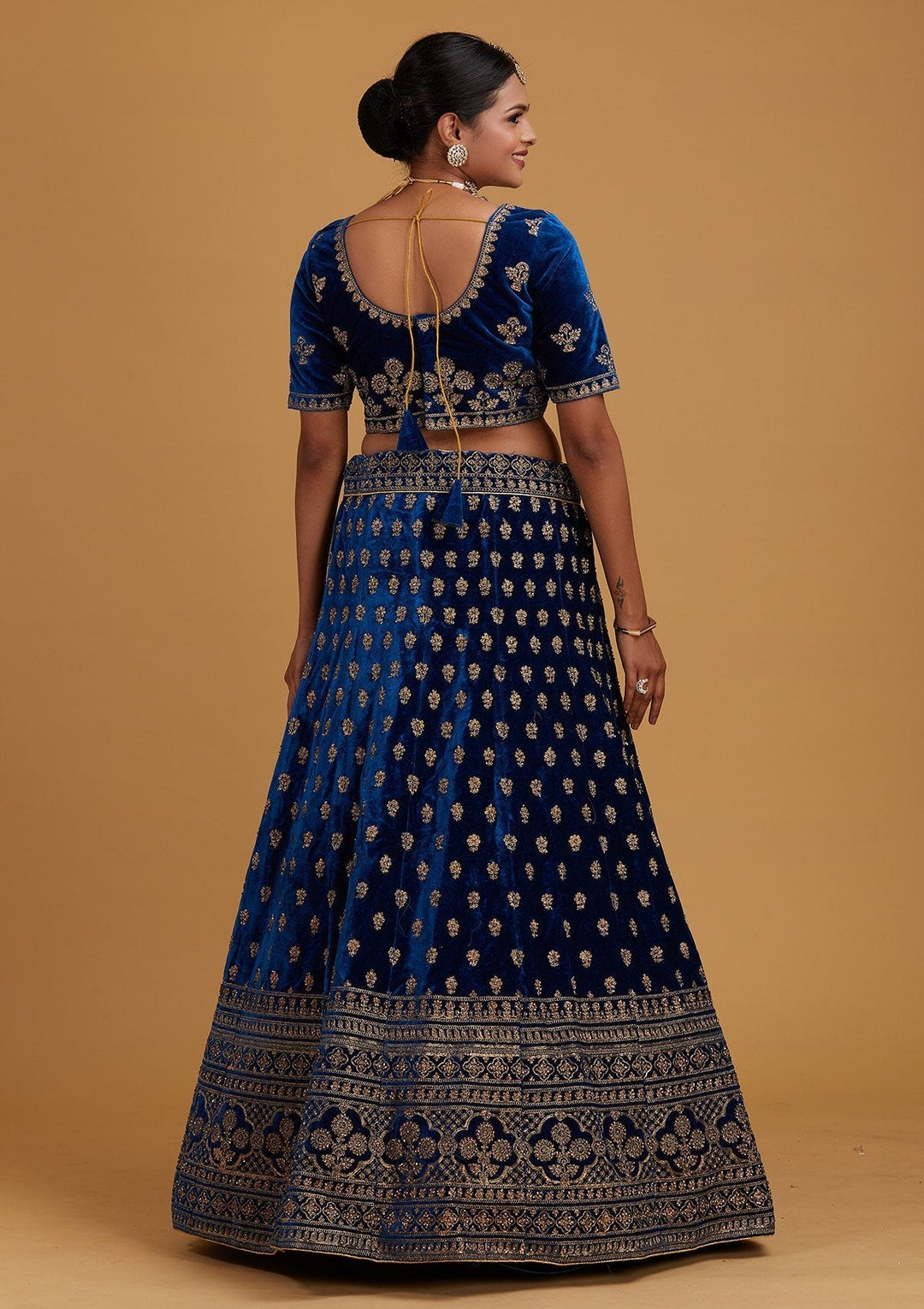 Peacock Blue Zariwork Velvet Designer Semi-Stitched Lehenga - Koskii